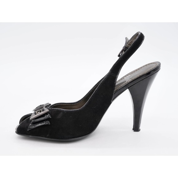 Linea Paolo Sandals Womens 7 Black Suede Buckle Bow Cone Heel Slingback Peep Toe - Picture 5 of 11
